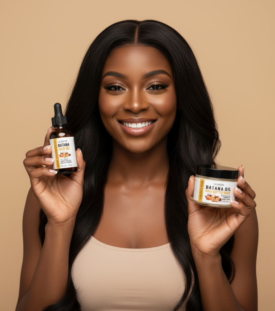 Femme africaine présentant les produits LEWEDO Batana Oil