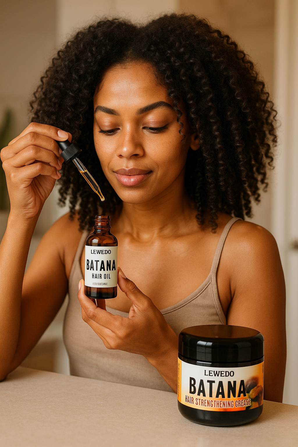 Femme appliquant l'huile BATANA avec huile et crème sur la table