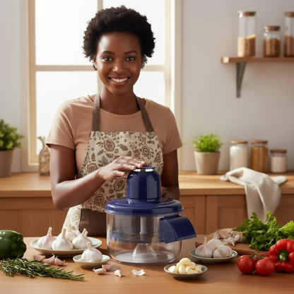 Femme cuisinant avec l'éplucheur d'ail