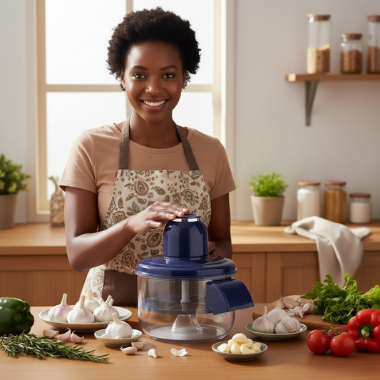 Femme cuisinant avec l'éplucheur d'ail