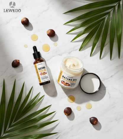 Flat lay LEWEDO Batana Oil avec ingrédients naturels